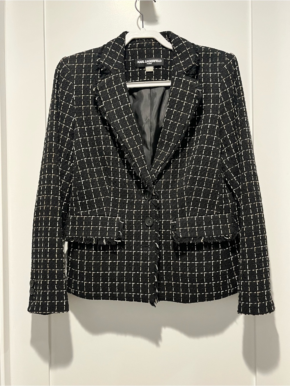 Karl Lagerfeld Black and White Windowpane Tweed Blazer